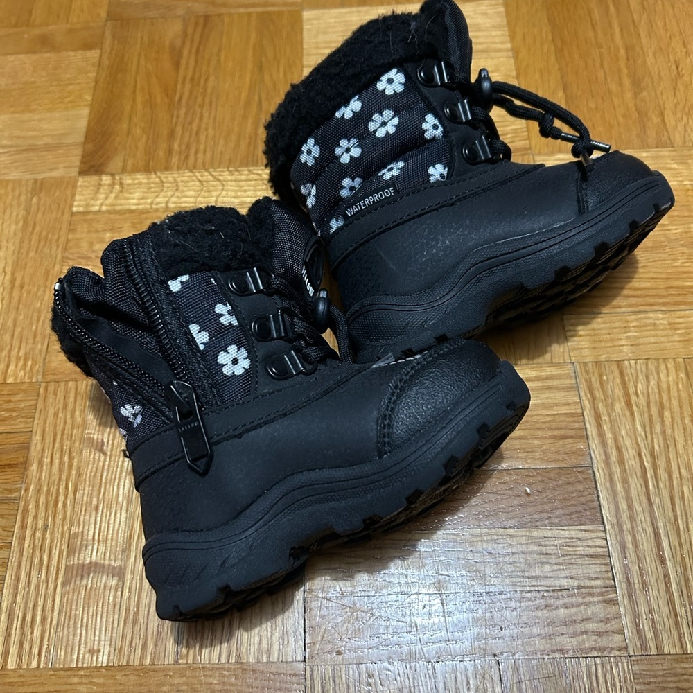 Black Kids Winter Boots with Floral Pattern